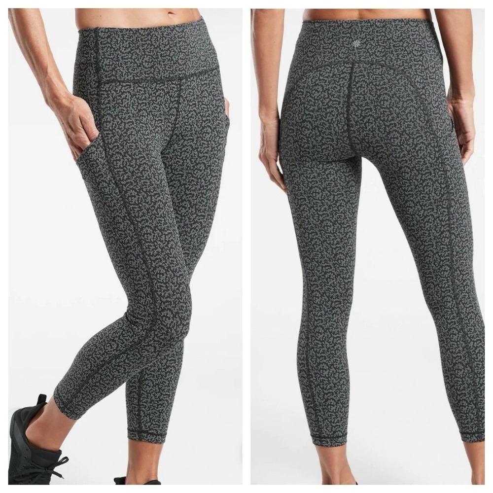 Athleta Ultimate‎ Stash Pocket 7/8 Textured Tight Women's Large Black White - Picture 2 of 9